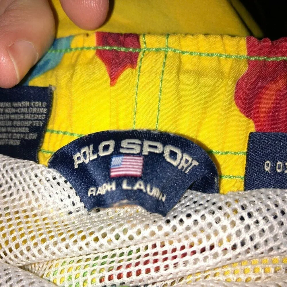 VTG Polo Sport Ralph Lauren Mens Large Yellow Floral Hawaiian Shorts Swim Trunks